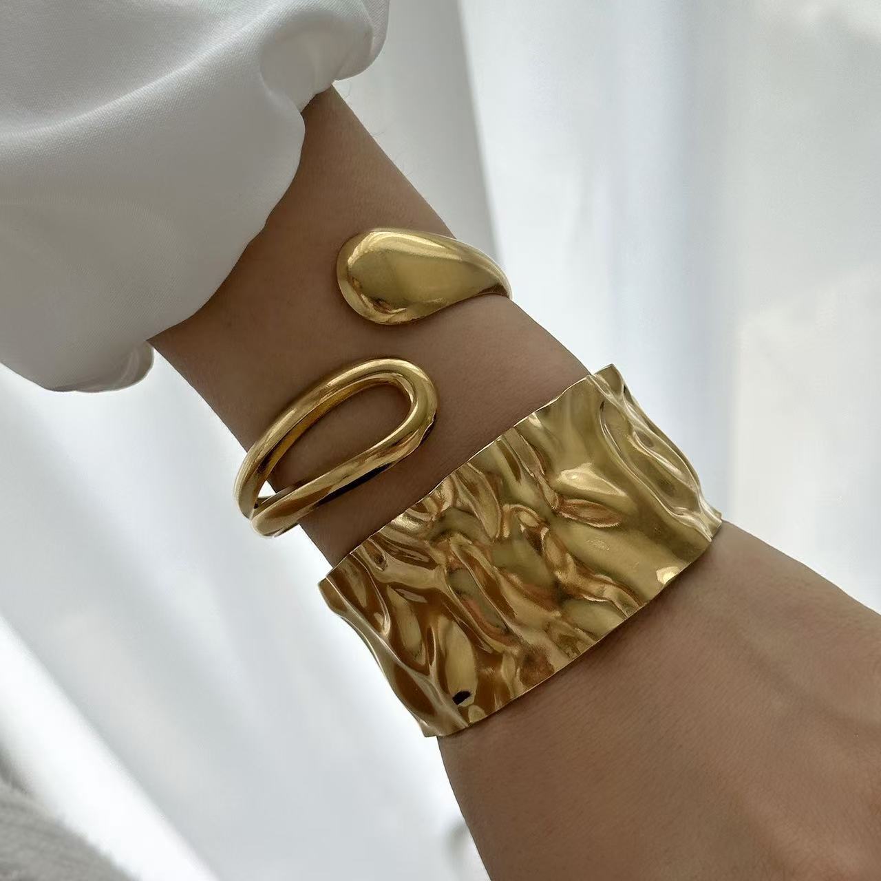 Fashion Geometric Textured Wave Pattern Plated Stainless Steel Wide Open Cuff Bracelet for Women
