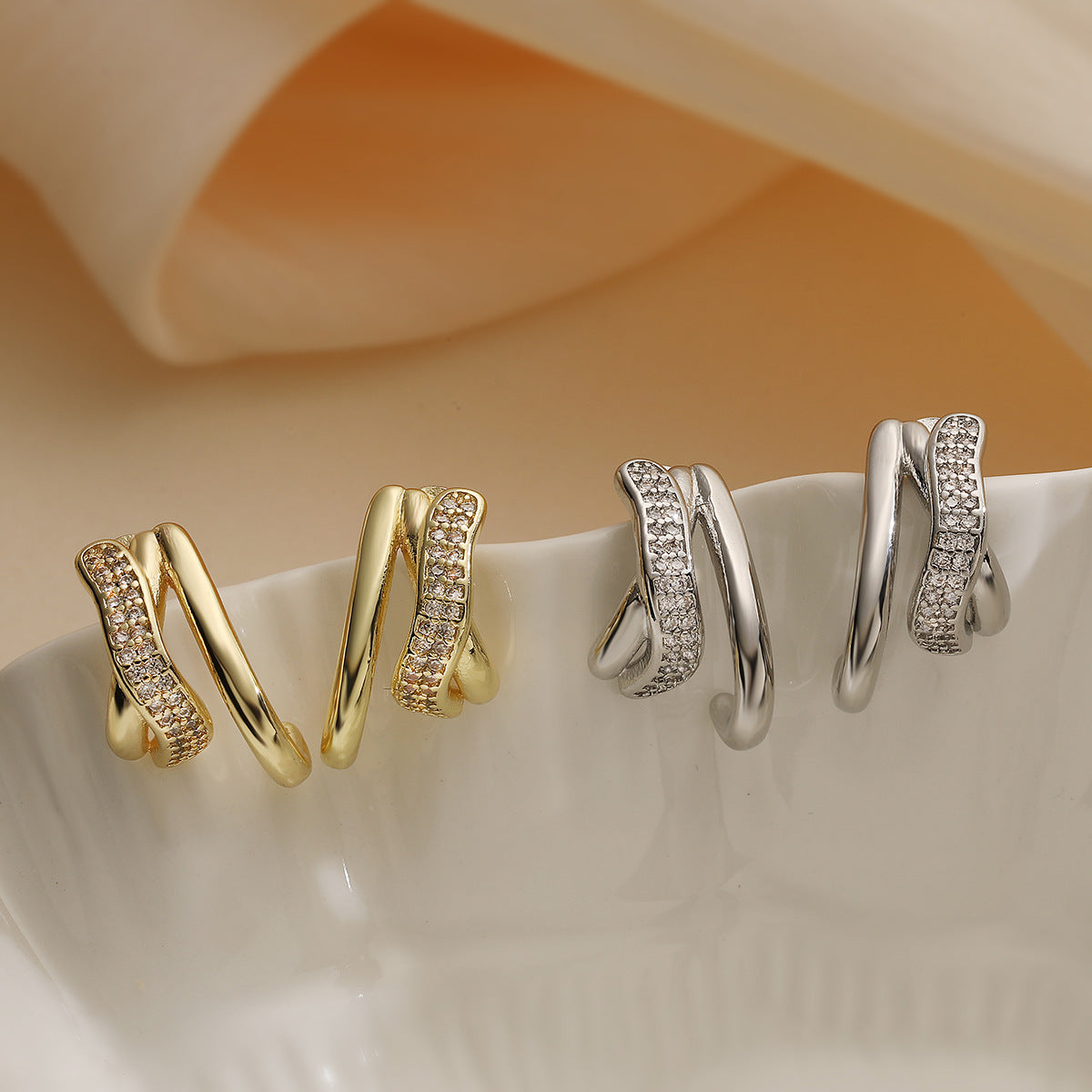 Elegant Minimalist Geometric Brass 18K Gold Plated Cubic Zirconia Stud Earrings for Women