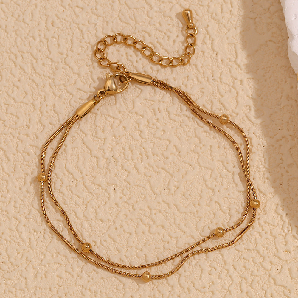 Minimalist Geometric Stainless Steel Plated 18K Gold Double Bead Snake Chain Anklet for Women
