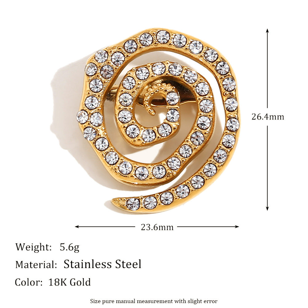 Broche minimalista de espiral geométrica en acero inoxidable con baño de oro de 18 quilates y microincrustaciones de diamantes de imitación blancos