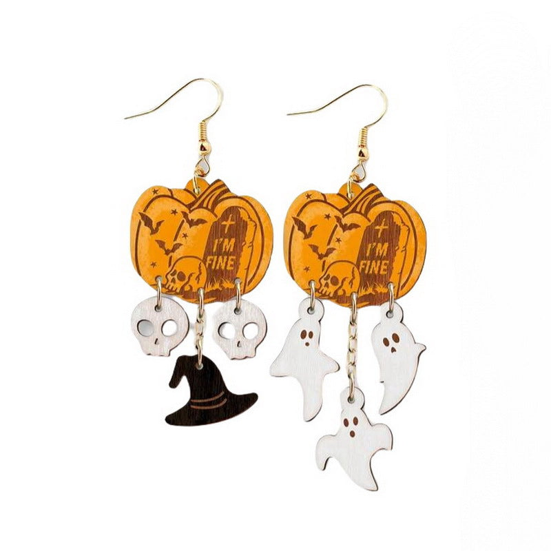 Orecchini pendenti da donna con zucca in legno di Halloween, fantasma, cappello da strega, teschio e lapide