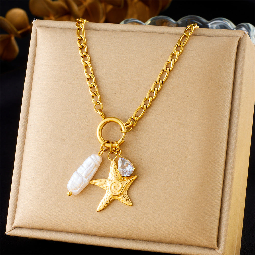 French Vintage Heart Floral Pearl Gemstone Plated Stainless Steel Curb Chain Necklace for Women