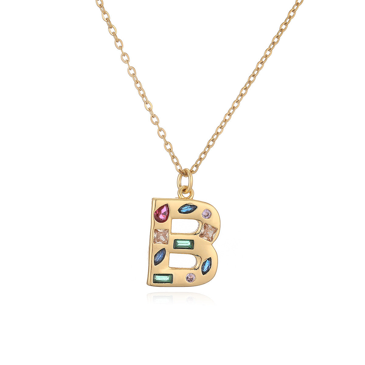 Minimalist Letter Shape Copper Pendant Necklace with 18K Gold Plating and Colored Zircon Inlay for Women