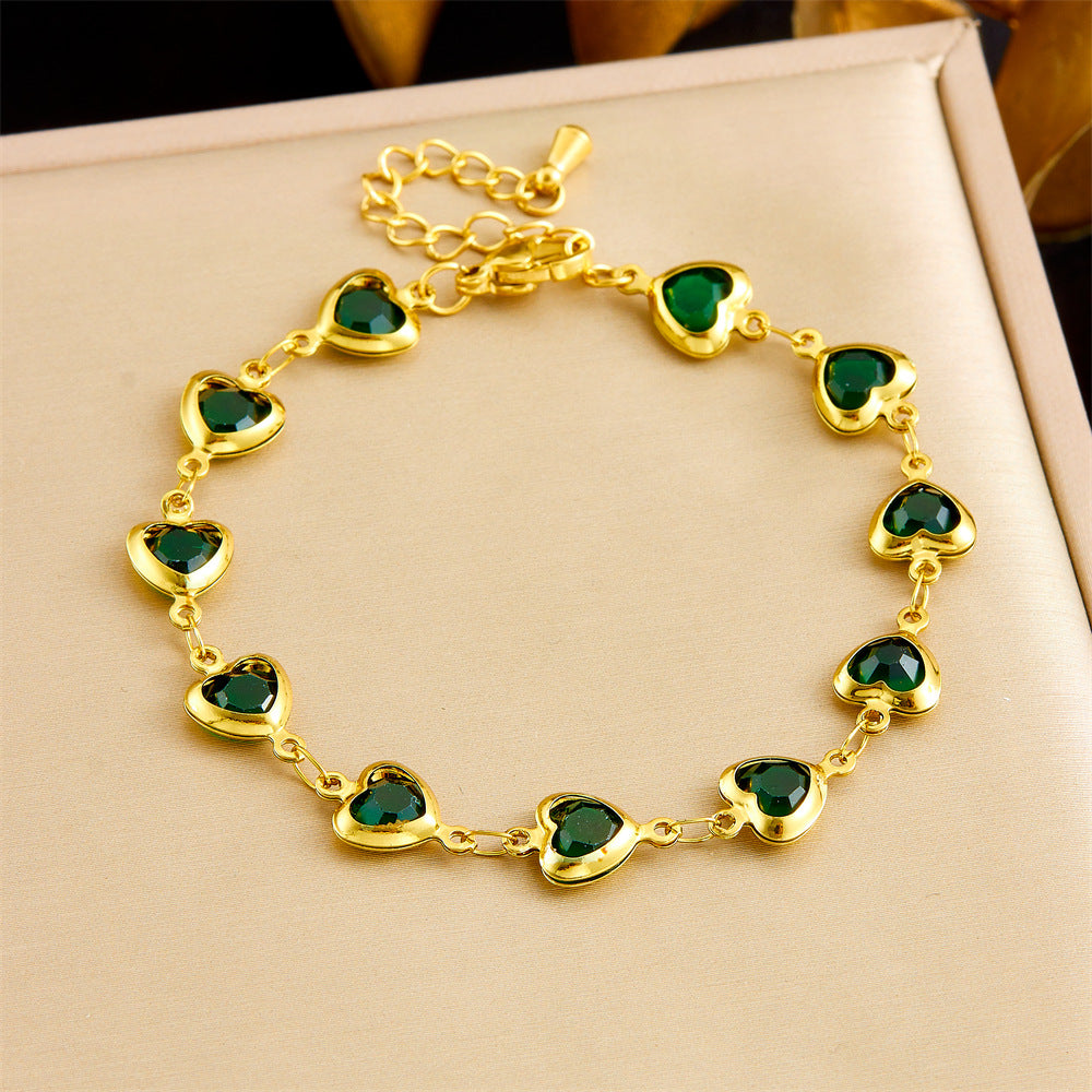 Minimalist Faceted Colorful Glass Rhinestone Heart Charm Stainless Steel Bracelet for Women