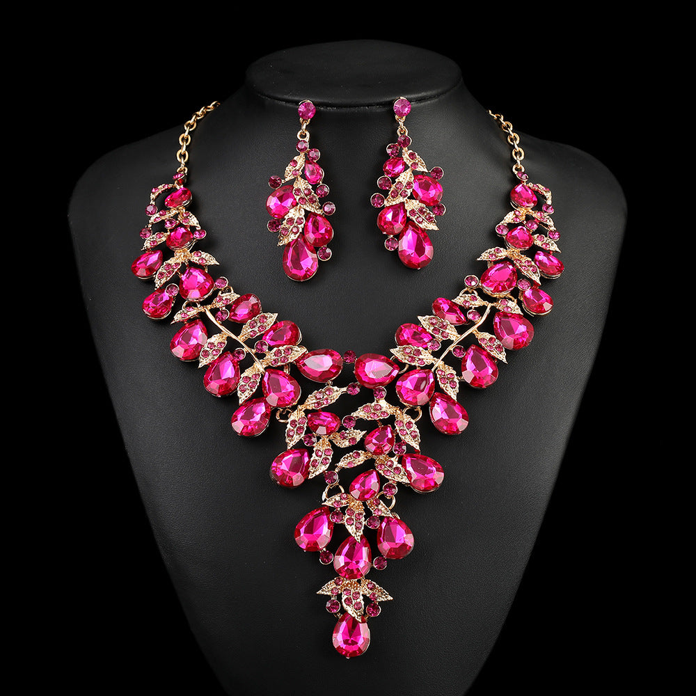Vintage Floral Alloy Pendant Necklace Set with O-Chain, Rhinestone-Inlaid Leaf and Lotus Pod Motifs for Women
