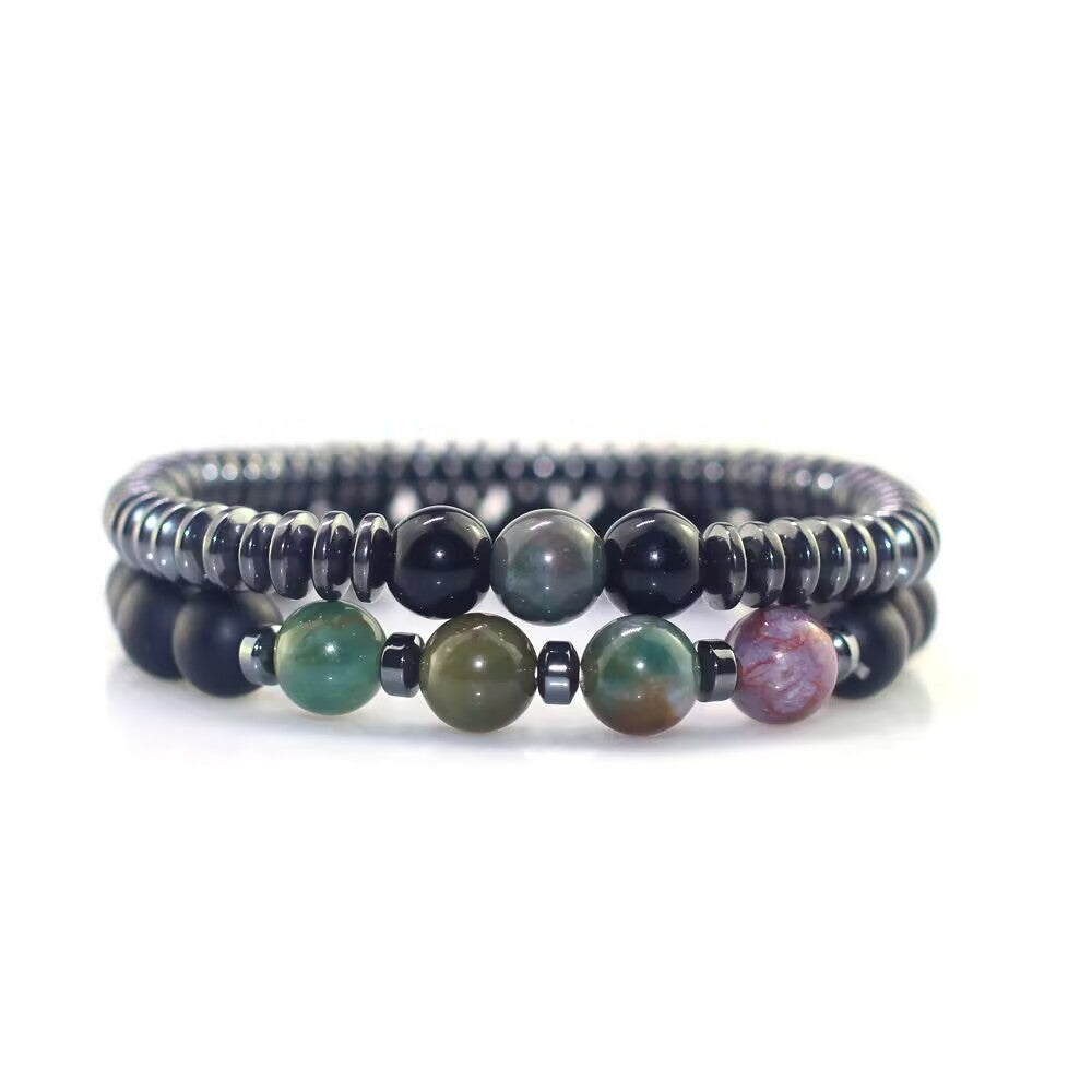 Minimalist Men's Black Stone Beaded Bracelet Handmade Natural Stone Strand