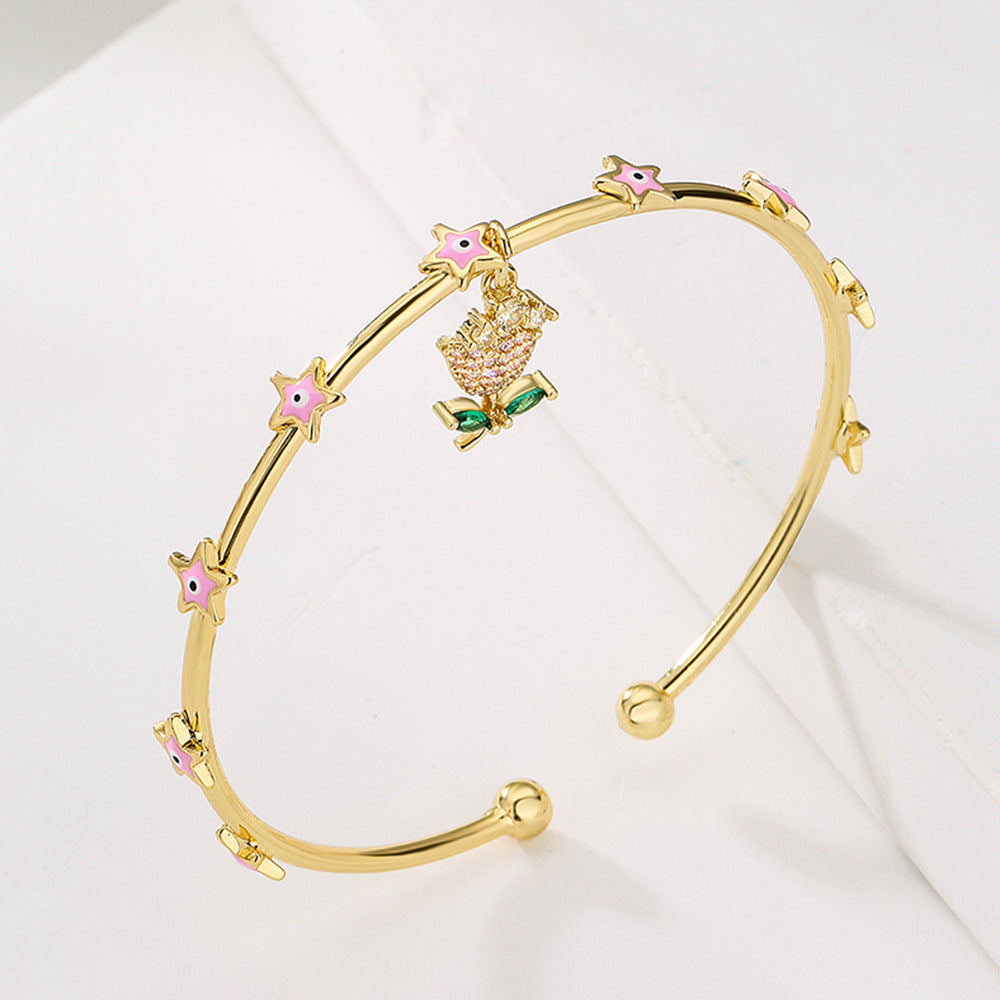 Bracciale rigido in rame placcato oro 18 carati smaltato con occhio in stile vintage e ciondolo a fiore di zirconi