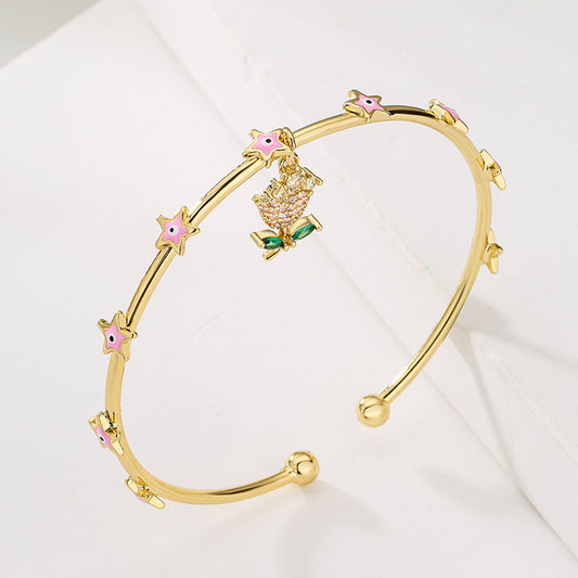 Pulsera Brazalete Ojo Esmaltado Chapado en Oro de 18K Estilo Vintage con Colgante de Flor de Circón