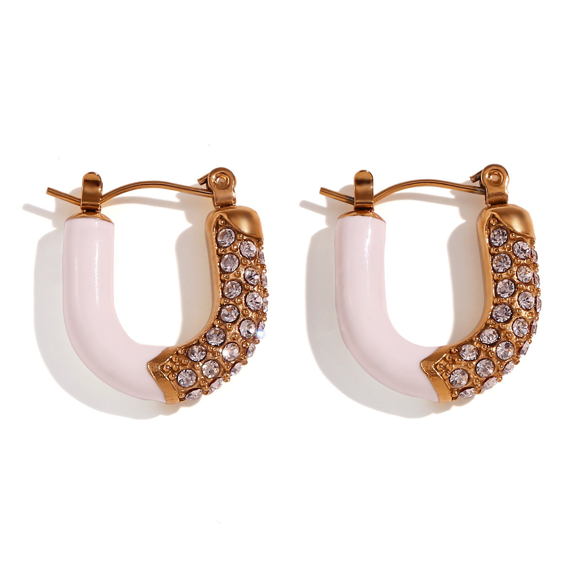 Fashionable Minimalist U-Shaped Stainless Steel Gold-Plated Ear Rings with Micro-Pave Zirconia and Enamel Finish for Women
