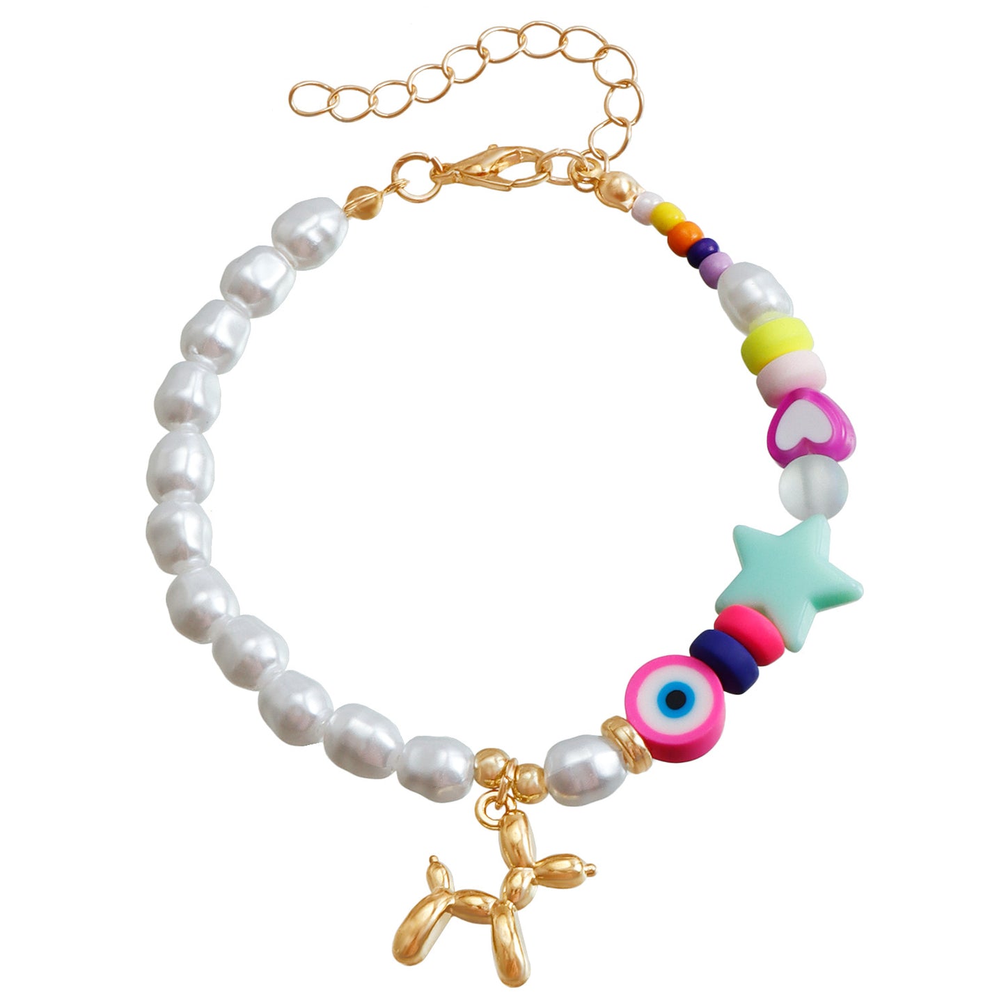 Ins Style Cute Balloon Dog Pendant Beaded Bracelet for Women with Plated Metal and Imitation Pearl Accents