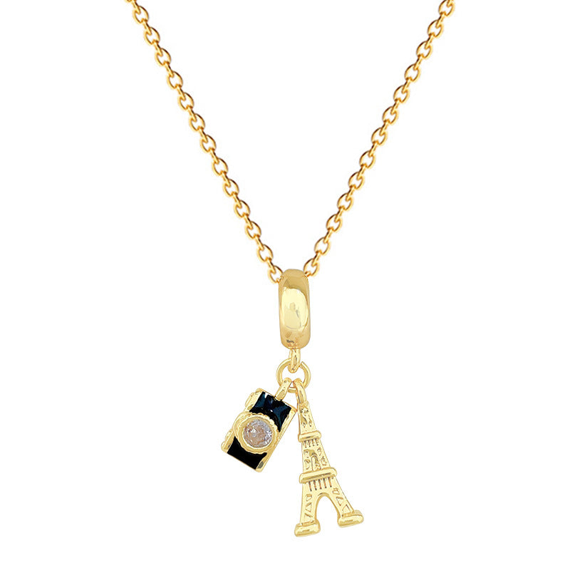 Sweet Geometric Camera Tower Rhinestone Plated Titanium Steel Necklace for Unisex