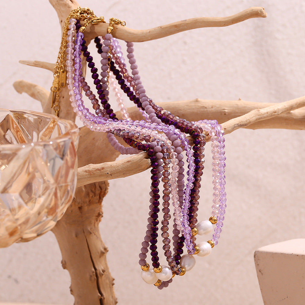 Collana con Pendente Geometrico Minimalista in Acciaio Inossidabile con Perla d'Acqua Dolce e Perle di Cristallo Viola da Donna
