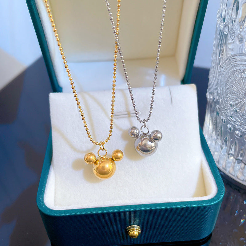 Minimalist Titanium Steel Geometric Mickey Mouse Pendant Necklace for Women with Gold Plating Locket Chain