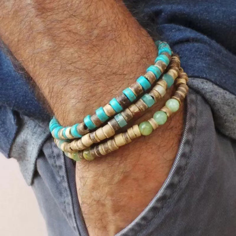 Vintage Handmade Round Wood Agate Turquoise Beaded Bracelet