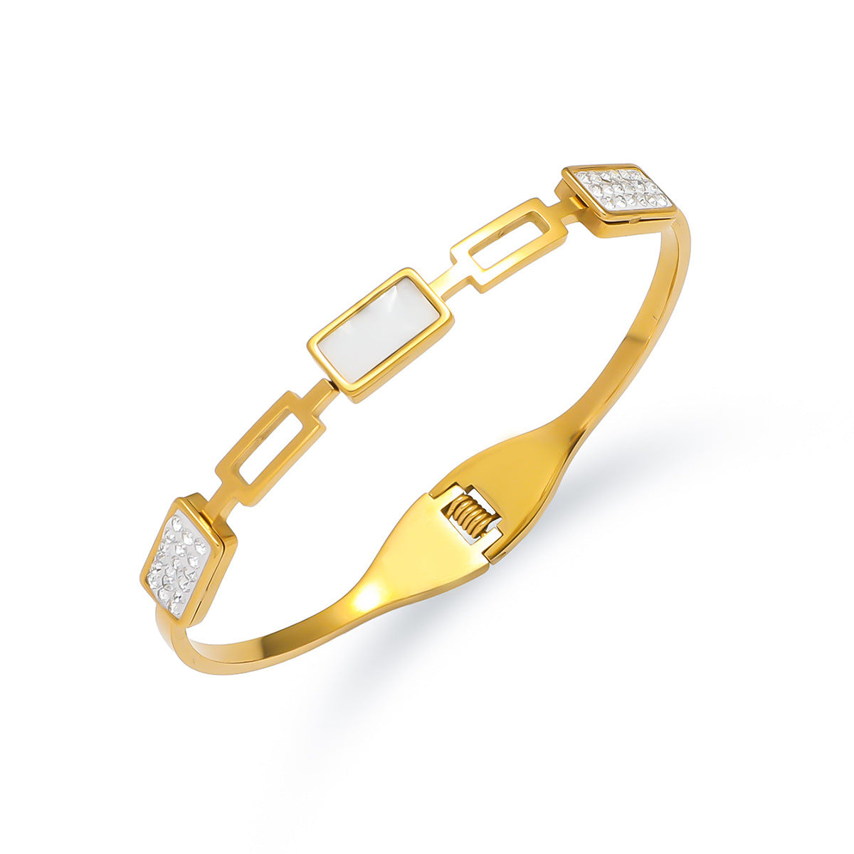 Pulsera rígida abierta vintage de acero inoxidable para mujer con detalles de pedrería y acabado chapado