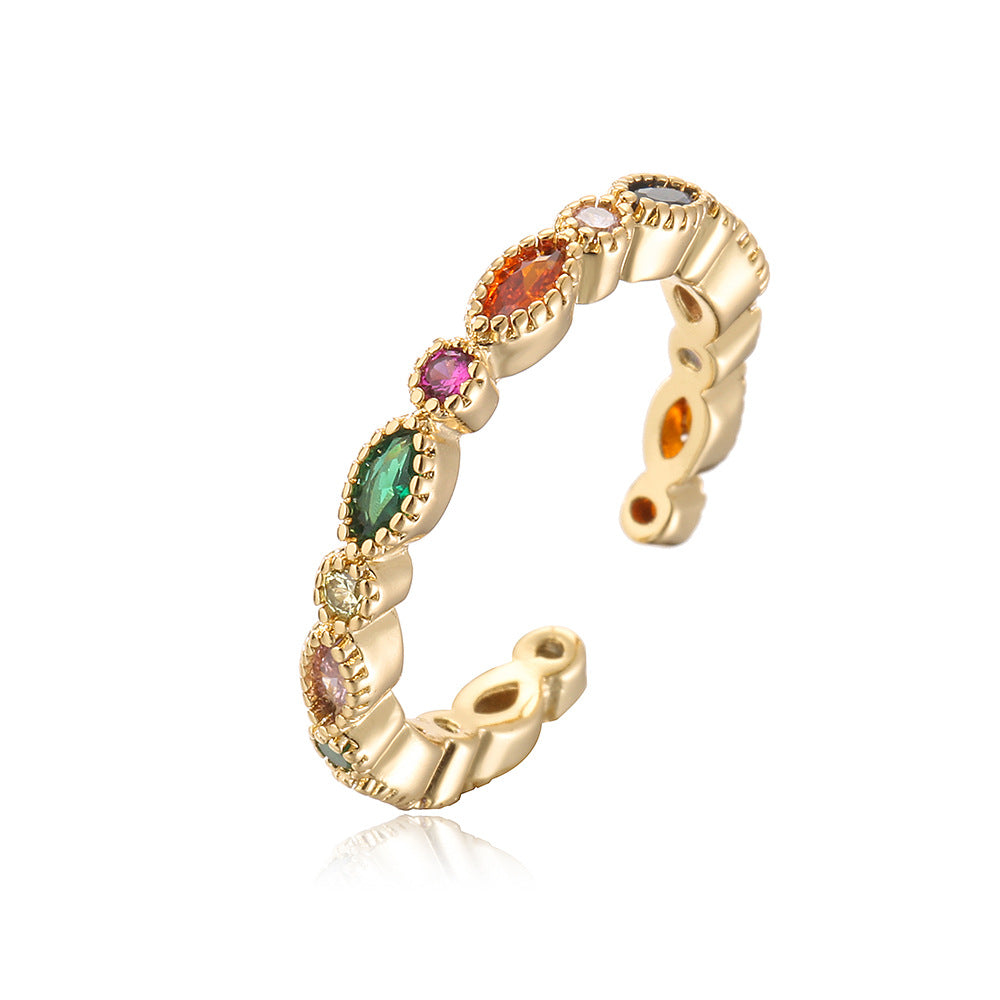 Anello Aperto Geometrico Minimalista da Donna in Rame con Placcatura in Oro e Intarsio di Zirconi Arcobaleno