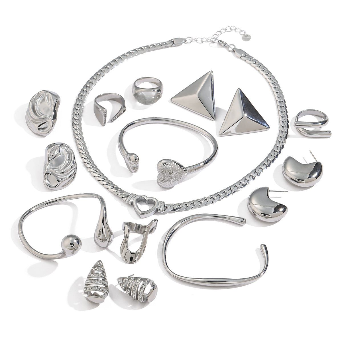 Minimalist Geometric Stainless Steel Bracelet Ring and Earrings Set with Polished Finish