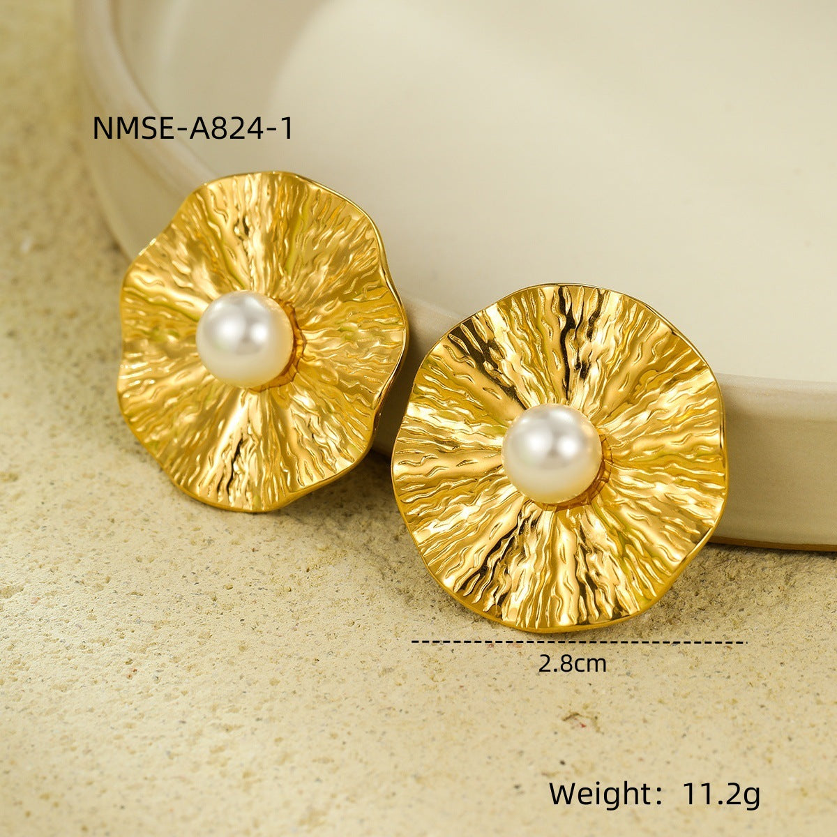 Pendientes de botón de acero inoxidable con perlas redondas y volantes irregulares estilo vintage para mujer con acabado chapado