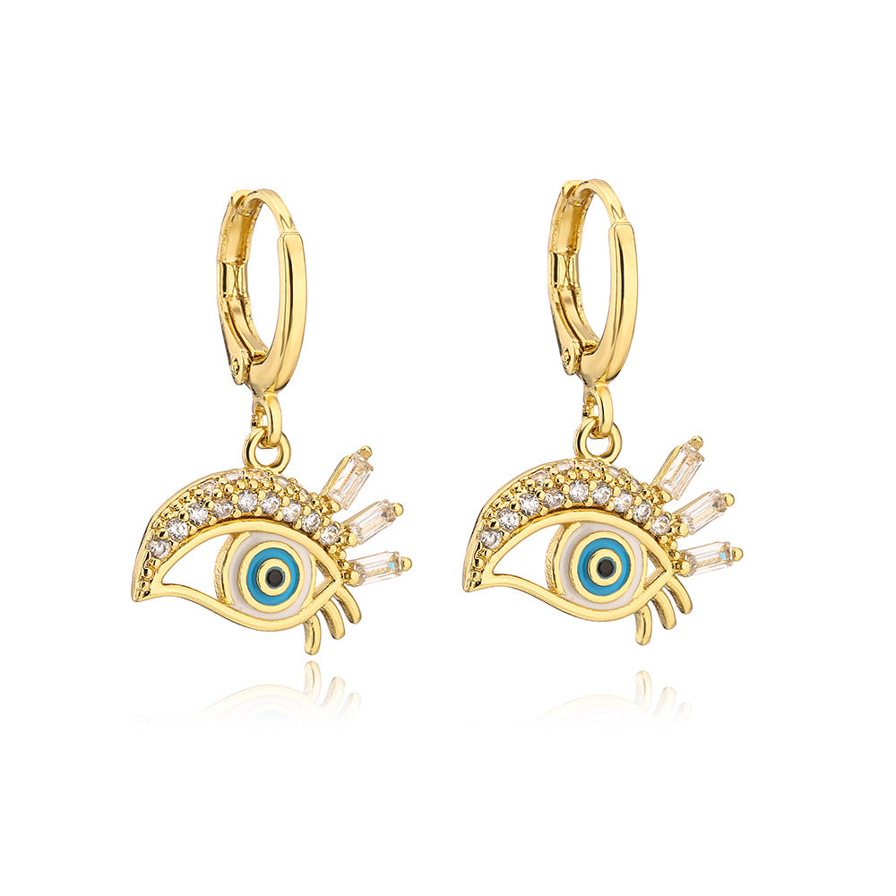 Orecchini Pendenti Geometrici Creativi in Rame con Placcatura in Oro 18K, Zirconia Micro-Incastonata, Design a Occhio Smaltato da Donna