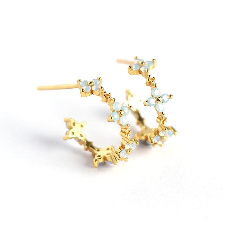 Sweet and Edgy Floral Clover-Shaped S925 Sterling Silver Stud Earrings with Milky White Stone Accents