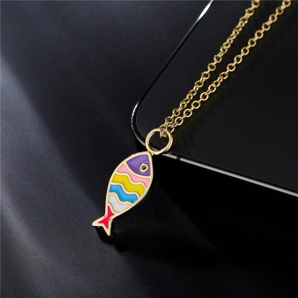 Geometric Fish Drip Oil Gold Plated Brass Necklace with Cubic Zirconia Pendant on Cable Chain