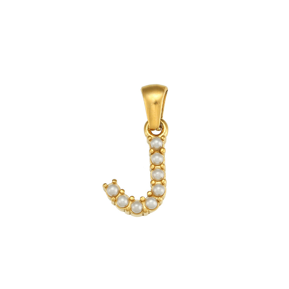 Minimalist Letter Pendant Necklace Stainless Steel with 18K Gold Plating Micro-Pave Zirconia and Pearl Accents