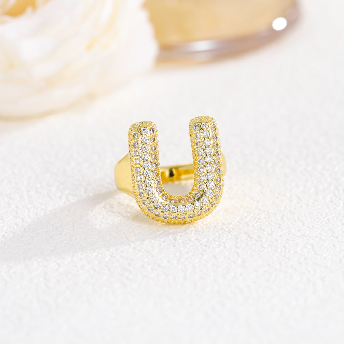 Sweet Plated Brass Letter Ring with Cubic Zirconia Adjustable Open Ring for Women and Men