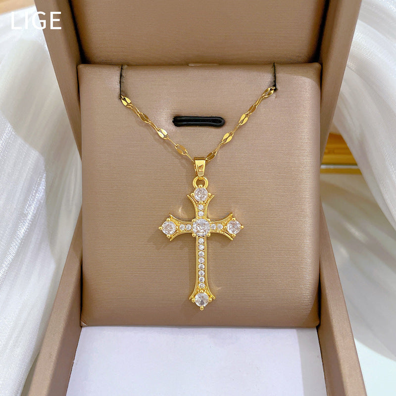 Collana Pendente a Croce Minimalista in Acciaio Inossidabile con Intarsio di Zirconi per Donna e Uomo, Delicata Catena a Clavicole