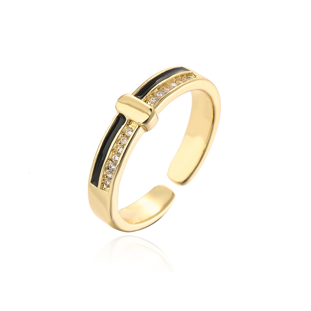 Anello minimalista geometrico in rame con placcatura in oro vero e accenti di zirconi smaltati da donna