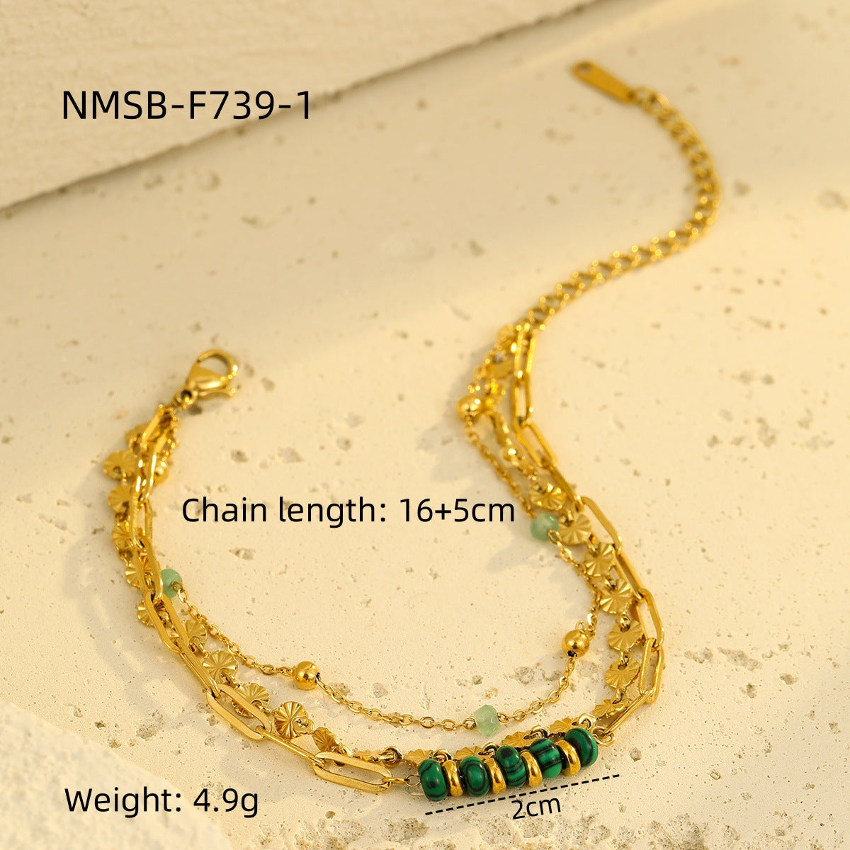 Fashionable OL Style Titanium Steel Multi-Layer Stackable Bracelet with Natural Stone Inlay and Electroplated Finish for Women