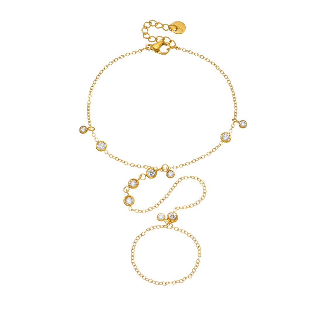 Minimalist Sweet Round Geometric Rhinestone Inlay Plated Stainless Steel Hand Chain Ring