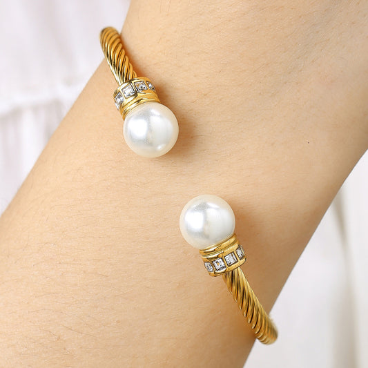 Geometric Round Stainless Steel Cable Chain Bracelet with Rhinestone and Pearl Inlay for Women