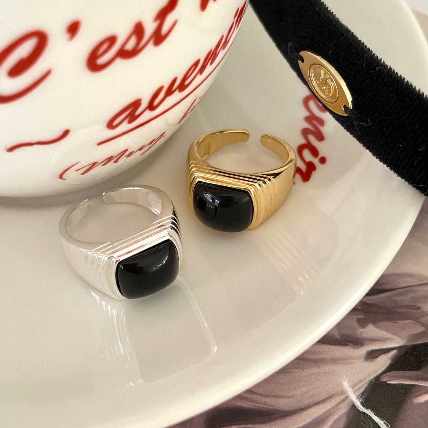 Punk 925 Sterling Silver Floral Geometric Inlaid Agate Adjustable Ring for Women