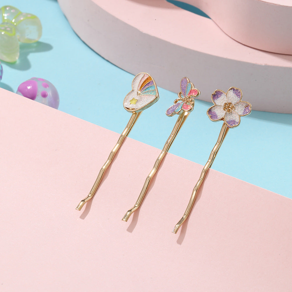 Fermaglio per Capelli per Bambini a Cartone Animato a Forma di Farfalla e Floreale in Lega con Finitura Smaltata, Dolce Accessorio per Capelli Laterale Minimalista
