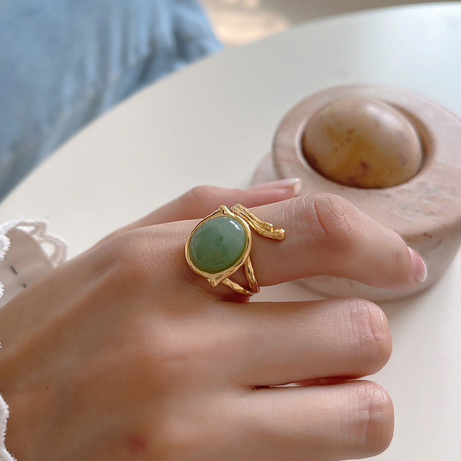 Anillo minimalista de plata de ley 925 con letras, incrustaciones de ágata y jade, ajustable