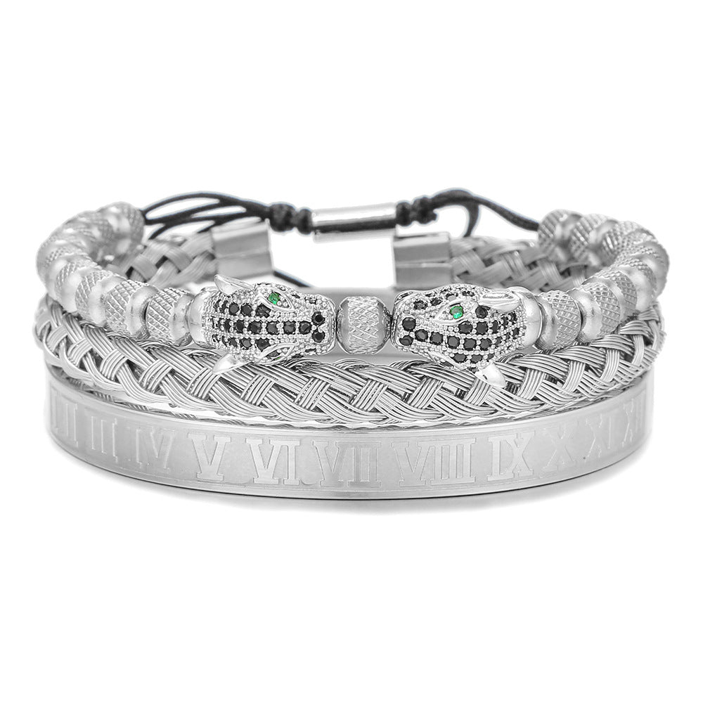 Vintage Brass Cubic Zirconia Leopard Head Woven Titanium Steel Bracelet Set for Men and Women