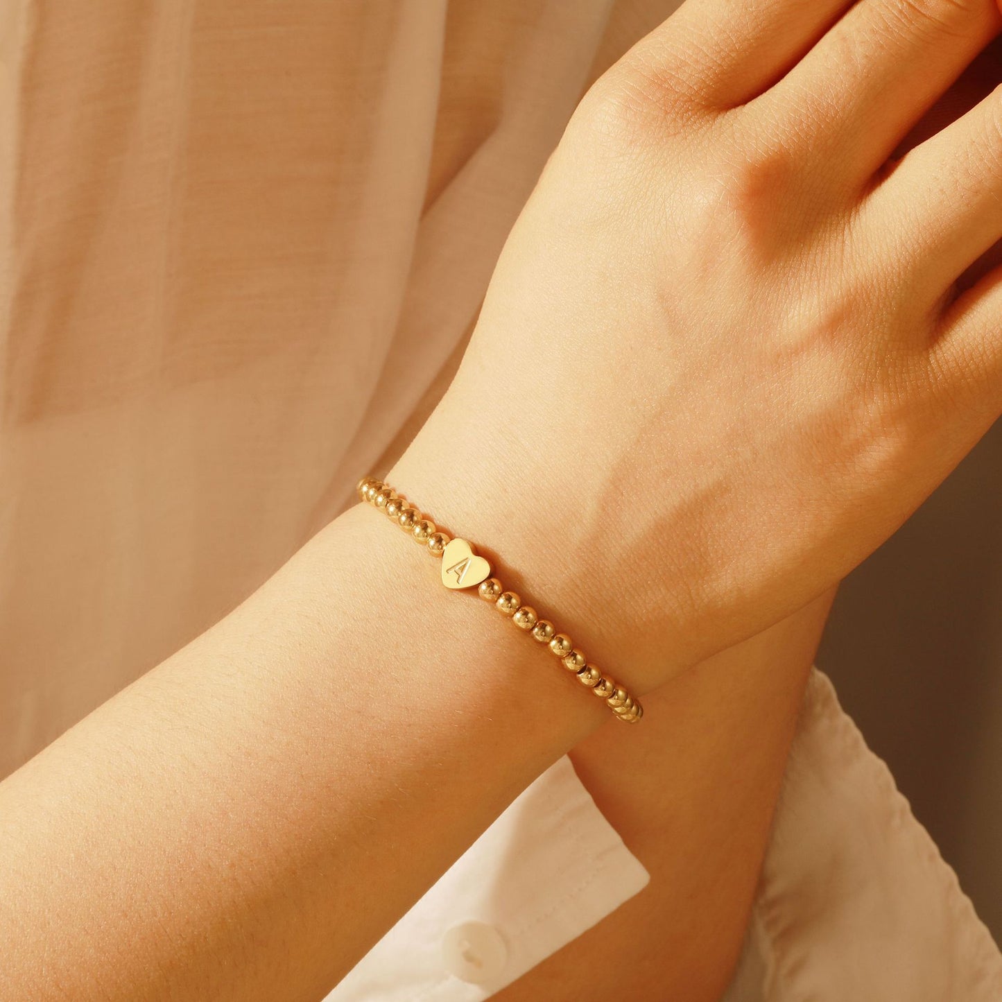 Minimalist Stainless Steel Heart Letter Bracelet with Gold Brass Beads