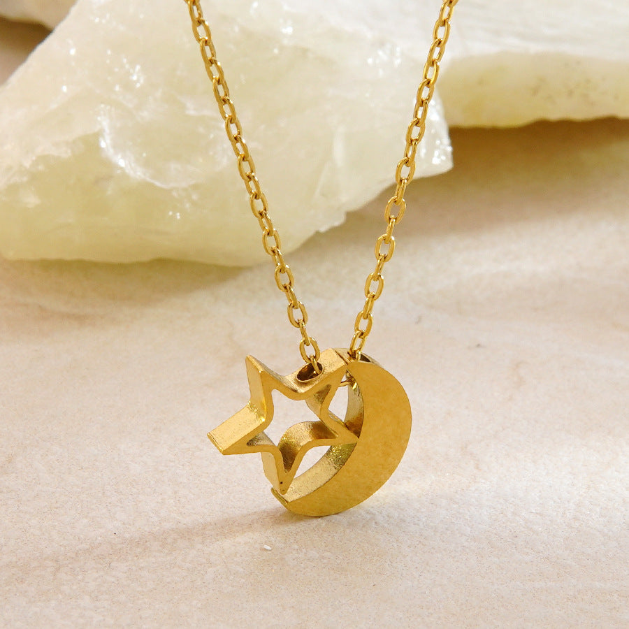 Minimalist Elegant Moon Star Stainless Steel Plated Pendant Necklace and Earring Set for Women