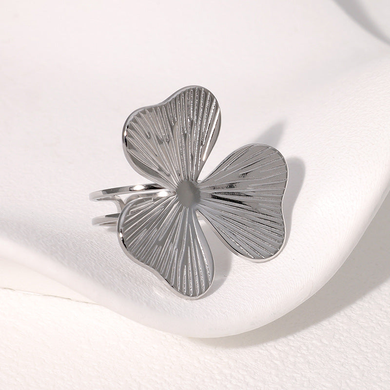 Anello aperto da donna minimalista floreale in acciaio inossidabile con finitura placcata