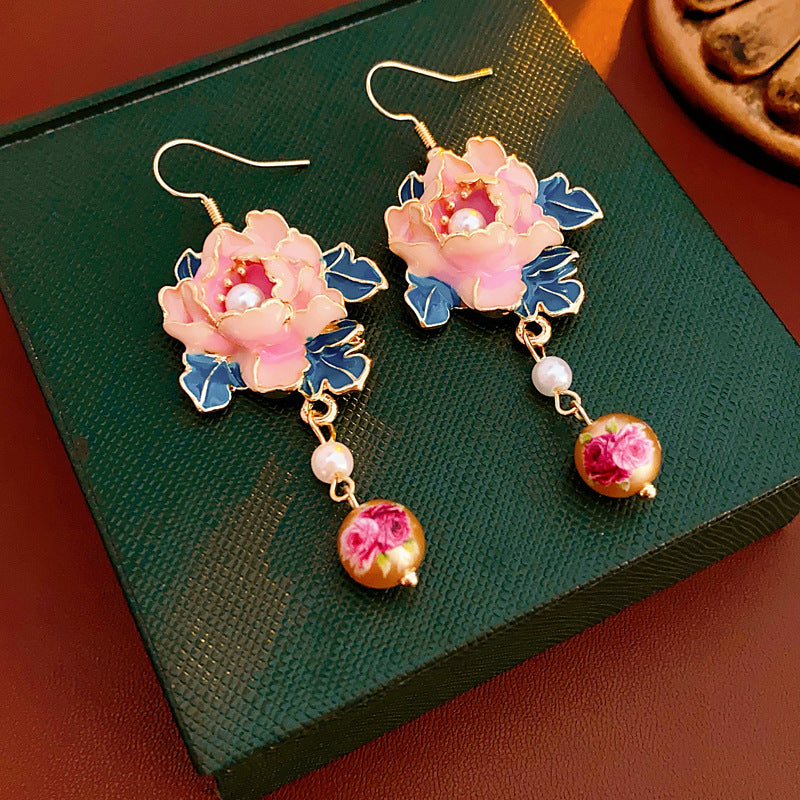 Pendientes colgantes de perlas florales estilo vintage chic con acabado esmaltado en aleación para mujer