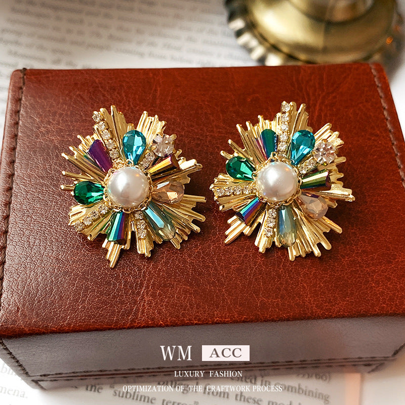 Vintage Floral Geometric Earrings with Rhinestone Inlay and Enamel Finish in Brass with Steel Posts for Women