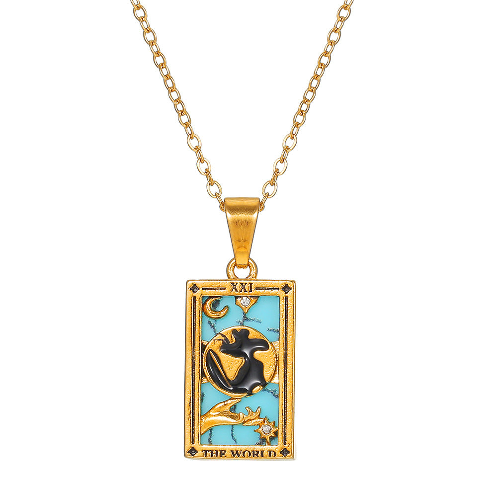 Vintage Casual Rectangle Drip Oil Cubic Zirconia Stainless Steel Necklace with Geometric Tarot Pendant Cable Chain Unisex