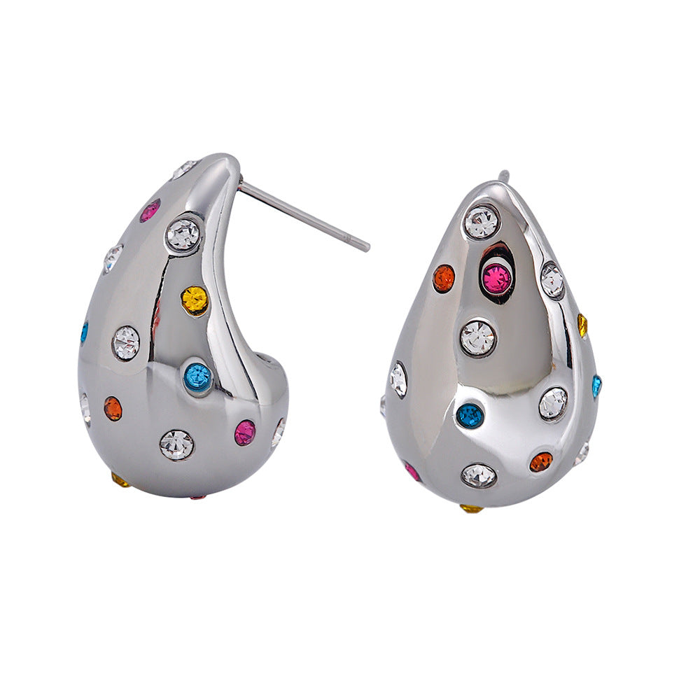 Orecchini a perno da donna in acciaio inossidabile a forma di goccia minimalista con intarsio di strass
