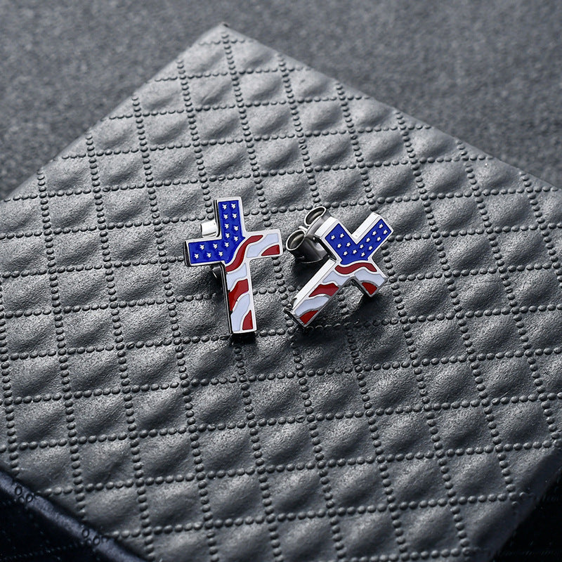 Minimalist Geometric Titanium Steel Cross Flag Stud Earrings with Plated Finish for Unisex Fashion Wear