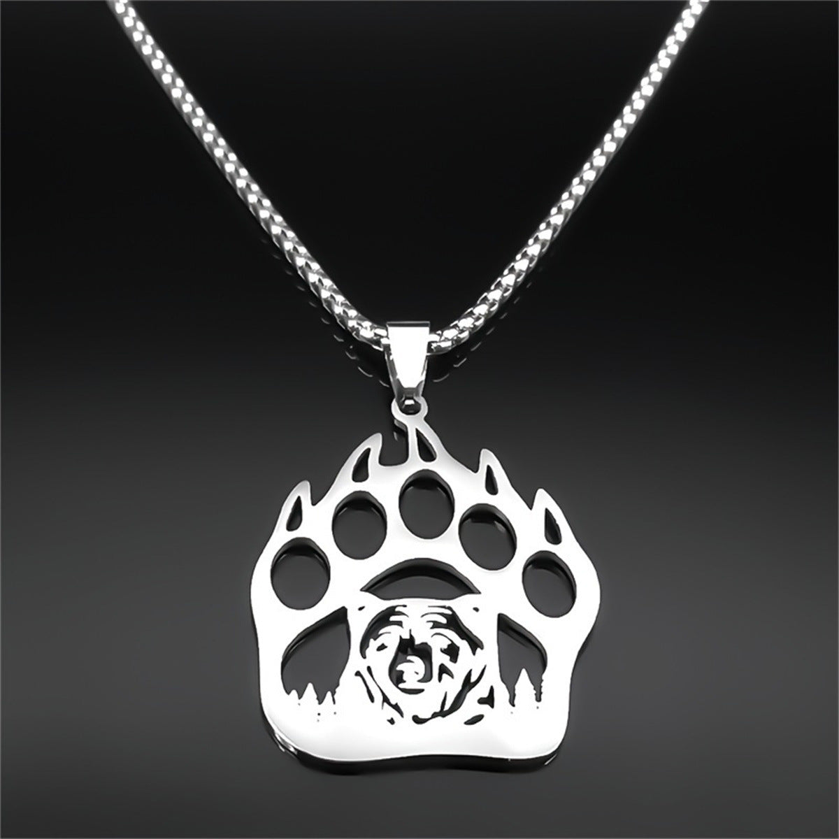 Minimalist Geometric Bear Paw Pendant Necklace for Men in Stainless Steel with Polished Finish