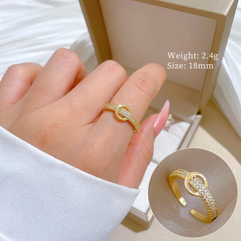 Minimalist Geometric Gold-Plated Brass Open Ring for Women with Crown Shape and Rhinestone Inlay
