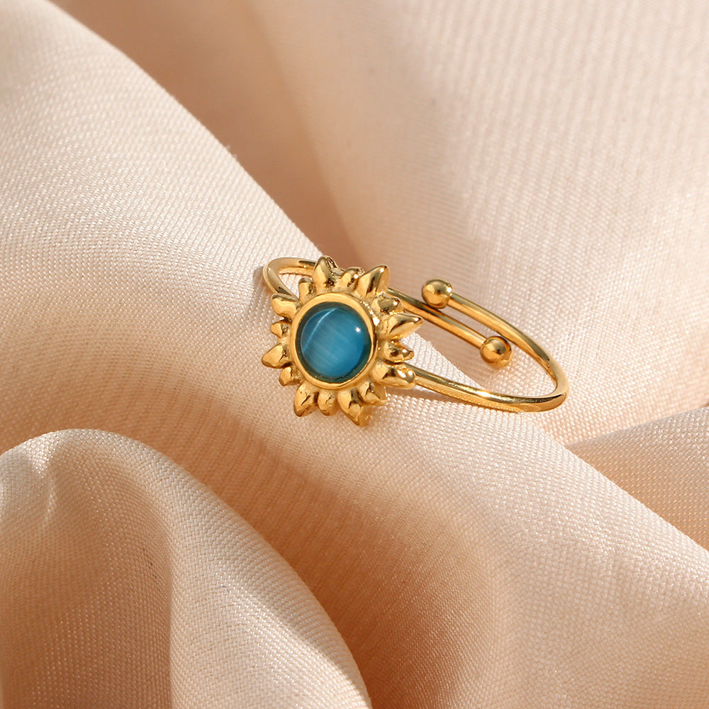 Anello da donna regolabile in acciaio inossidabile con agata nera e occhio di gatto, stile geometrico vintage alla moda
