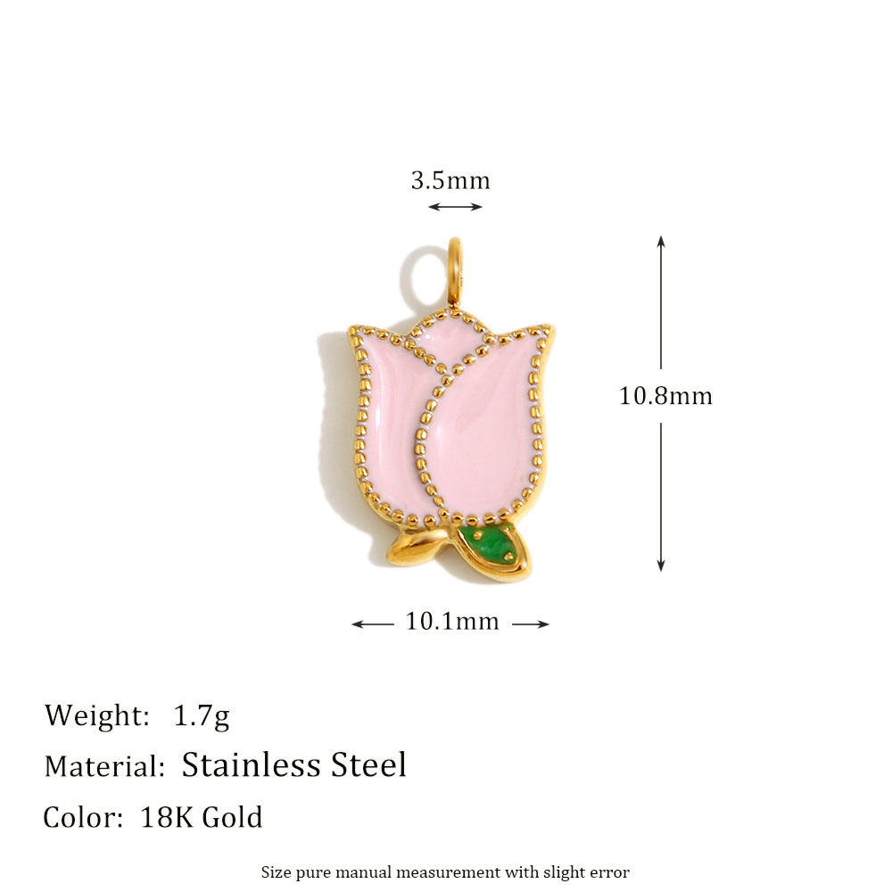 Ciondolo Floreale Minimalista in Acciaio Inossidabile con Placcatura in Oro 18K e Dettagli in Smalto