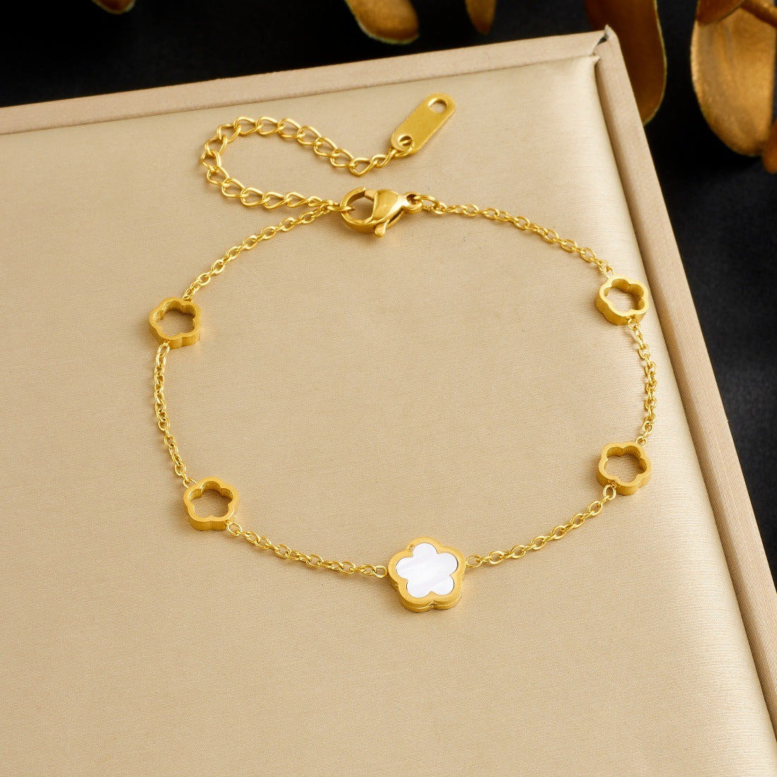 Minimalist Gold Plated Stainless Steel Five-Petal Hollow Flower Mother of Pearl Bracelet for Women