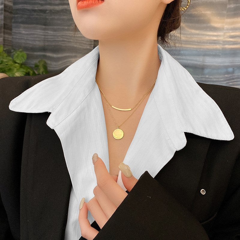 Minimalist Geometric Letter Pendant Necklace for Women Titanium Steel Plated Long Layered Clavicle Chain with O-Shape Link